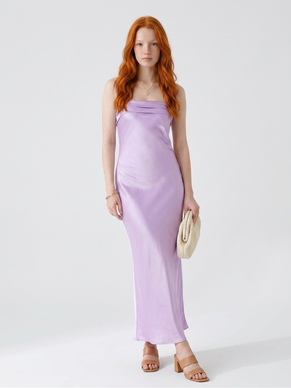 Strapless Lavender Satin Maxi Dress
